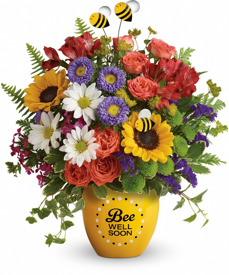 Bee well soon pot, this colorful arrangement of roses, alstroemeria and asters is abuzz with delightful bee decorations.