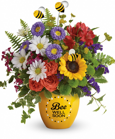 Bee well soon pot, this colorful arrangement of roses, alstroemeria and asters is abuzz with delightful bee decorations.