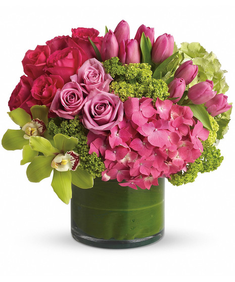 spring floral arrangement with green and pink