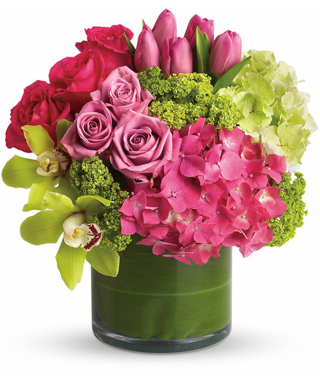 spring floral arrangement with green and pink